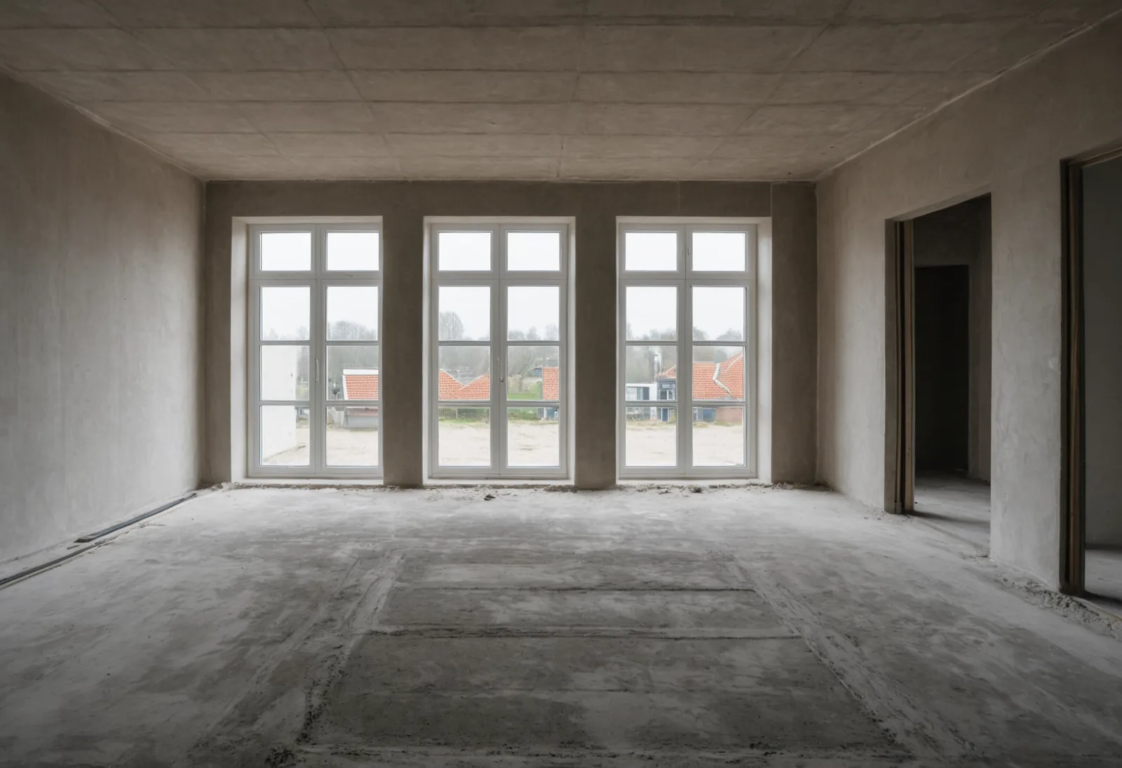 Nieuwbouwappartement met kale, gestucte wanden