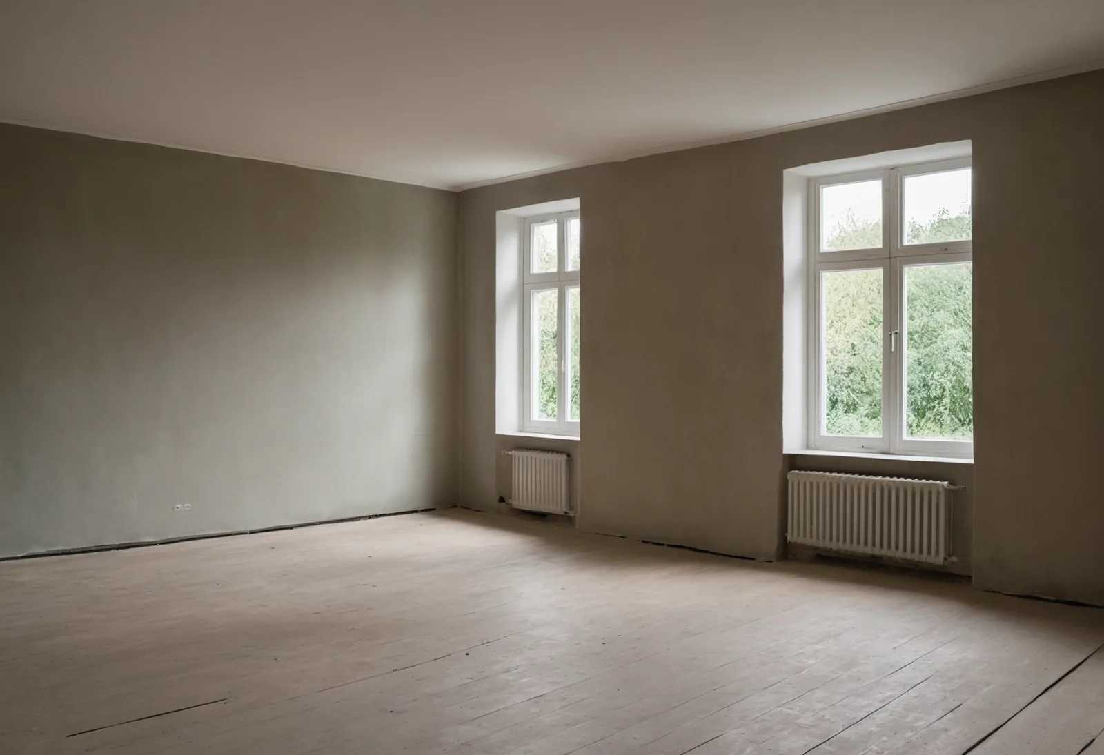 Strak glad gestucte wand in een lege woonkamer
