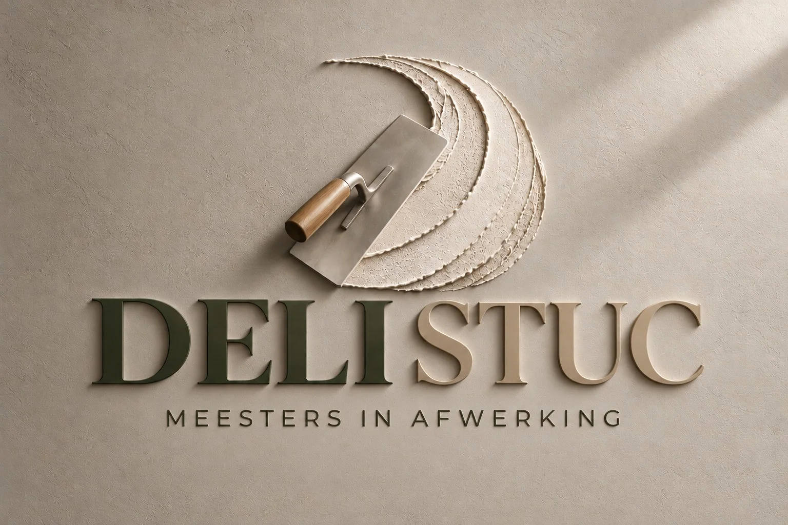 Het logo van Deli Stuc in reliëf op een stucmuur, met spaan en opgezette stuclagen