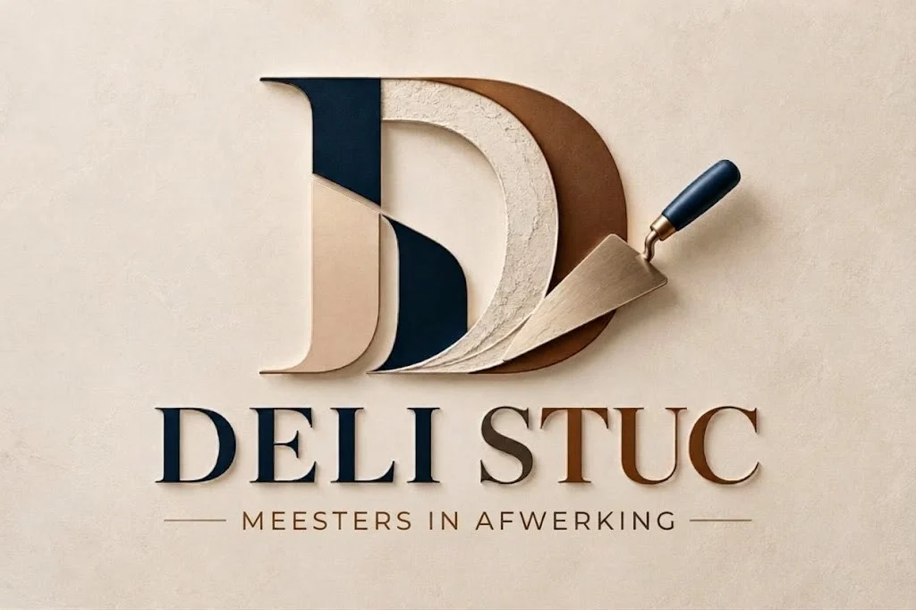 Logovoorstel A van Deli Stuc op een stucmuur